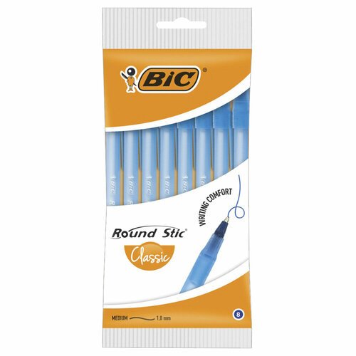 Ручки шариковые BIC 'Round Stic', набор 8 шт, синие, узел 1 мм, линия письма 0,32 мм, пакет, 928497 упаковка 6 шт.
