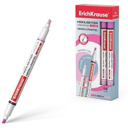 Маркер текстовыделитель ErichKrause Visioline V-16 Neon+Pastel, 0.6-3.3 мм, двусторонний, чернила на водной основе, розовый (цена за 12 шт. )