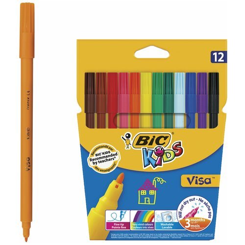 Фломастеры BIC 'Kids Visa', 12 цветов, суперсмываемые, вентилируемый колпачок, европодвес, 889695, 888695
