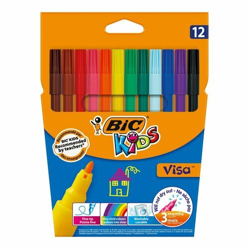 Фломастеры универсальные Bic Kids visa смываемые 12 цветов