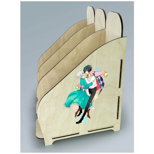 Органайзер лоток, подставка для бумаги, документов деревянная с цветным принтом 3 отделения аниме ходячий замок хаул кальцифер софи - 89