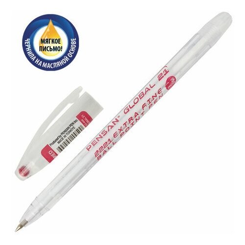 Ручка шариковая масляная PENSAN 'Global-21', красная, корпус прозрачный, узел 0,5 мм, линия письма 0,3 мм, 2221, 2221/12, 12 шт.