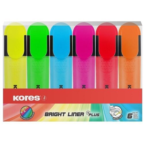 Набор маркеров-текстовыделителей Kores Bright Liner Plus (1-5мм, 6 цветов) 6шт, 10 уп.