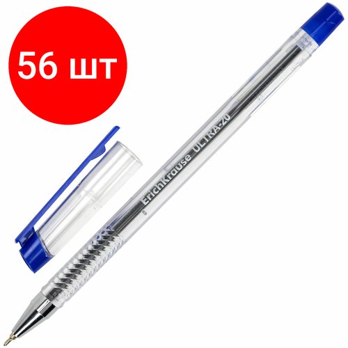 Комплект 56 шт, Ручка шариковая масляная ERICH KRAUSE 'Ultra-20', синяя, корпус прозрачный, узел 0.7 мм, линия письма 0.26 мм, 13875