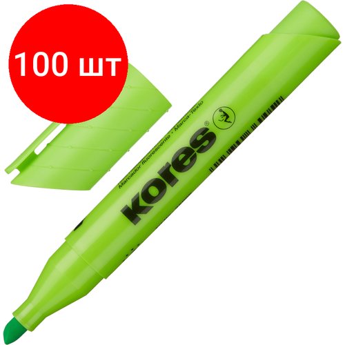 Комплект 100 штук, Маркер текстовыделитель KORES 1-5 мм зеленый 36005