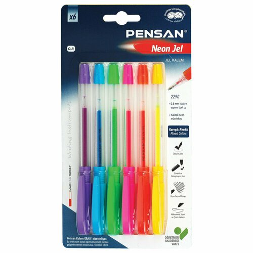 Ручки гелевые PENSAN 'Neon Gel', набор 6 цветов, узел 1 мм, линия письма 0,5 мм, 2290/B6 упаковка 2 шт.