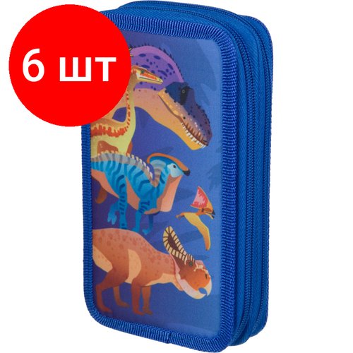 Комплект 6 штук, Пенал №1School Мир динозавров 2 отд, ткань, 190х110 мм, ПКТ 11-20