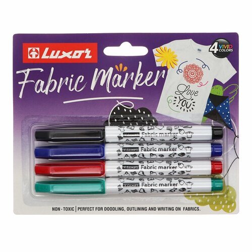 Набор маркеров для ткани 4 цвета, Luxor 'Fabric', 1-2 мм, пулевидный, в блистере