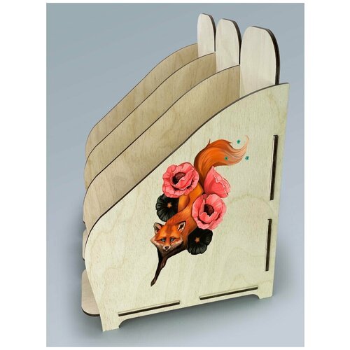 Органайзер лоток, подставка для бумаги, документов деревянная с цветным принтом 3 отделения животные милота лиса - 5