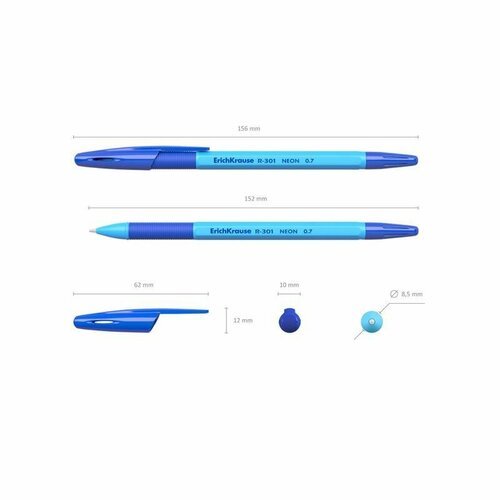 Ручка шариковая неавтоматическая ErichKrause R-301 Neon Stick&Grip синяя толщина линии 0.35 мм, 1442235