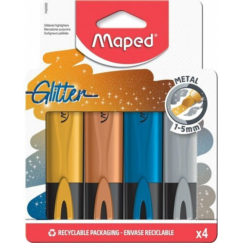 Набор маркеров-текстовыделителей Maped FluoPeps Glitter (1-5мм, с блестками, 4 цвета металлик) блистер (742000)