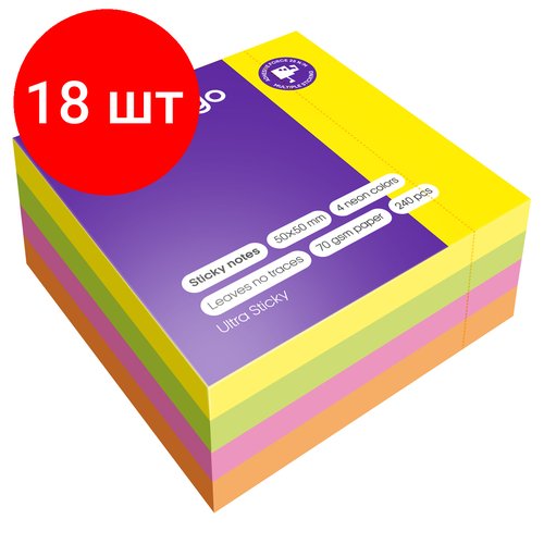 Комплект 18 шт, Самоклеящийся блок Berlingo 'Ultra Sticky', 50*50мм, 240л, 4 неоновых цвета