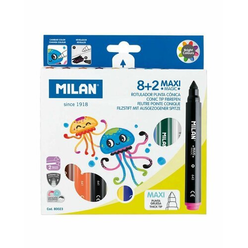 Набор фломастеров MILAN MAXI MAGIC на водной основе 8 цветов + 2 фломастера меняющие цвет в картонной упаковке