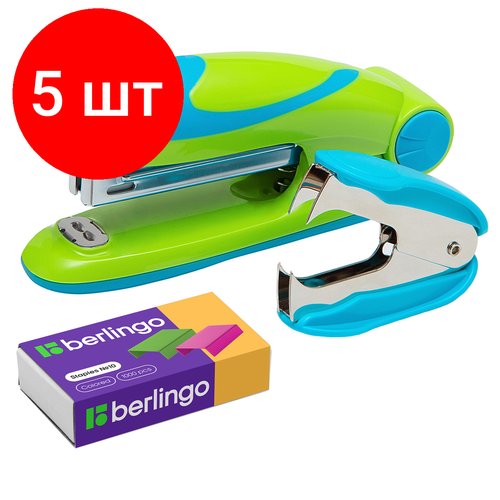 Комплект 5 шт, Набор Berlingo 'Fuze': степлер №10 до 15л, зеленый; антистеплер; скобы №10; блистер