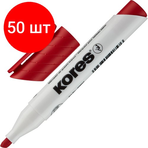 Комплект 50 штук, Маркер для белых досок KORES красный 3-5 мм скошенный наконечник 20857