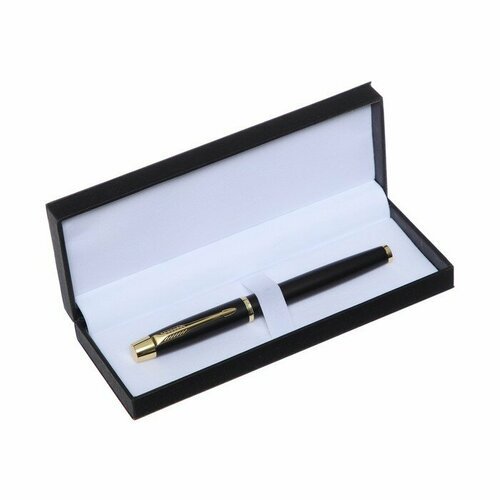 Ручка подарочная перьевая в кожзам футляре, корпус матовый черный, золото