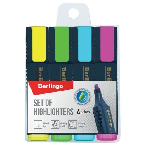 Berlingo Набор маркеров-текстовыделителей 4 цвета, Berlingo 5.0 мм, европодвес
