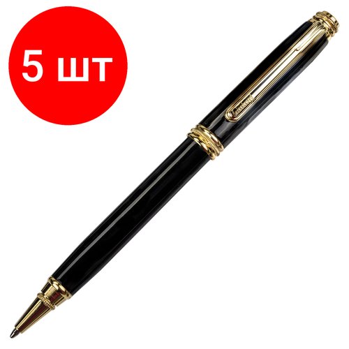 Комплект 5 шт, Ручка подарочная шариковая GALANT 'Black', корпус черный, золотистые детали, пишущий узел 0.7 мм, синяя, 140405