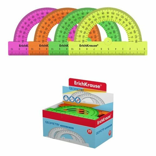 Транспортир 180°/10см ErichKrause Neon Solid, пластик, микс из 4 цветов, в коробке-дисплее 9521706