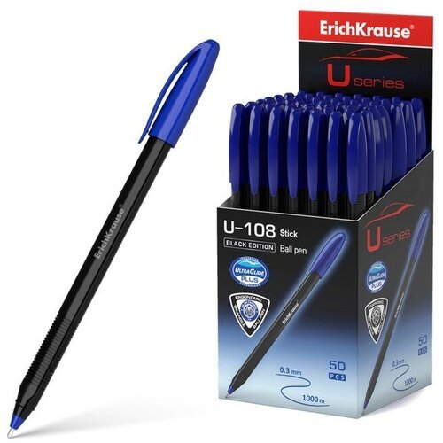 Ручка шариковая ErichKrause U-108 Black Edition Stick, узел 1.0 мм, чернила синие пониженной вязкости, длина линии письма 1000 метров, корпус черный
