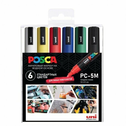 Набор акриловых маркеров POSCA PC-3M 'Стандартные цвета', в пластиковой упаковке, 6 шт,