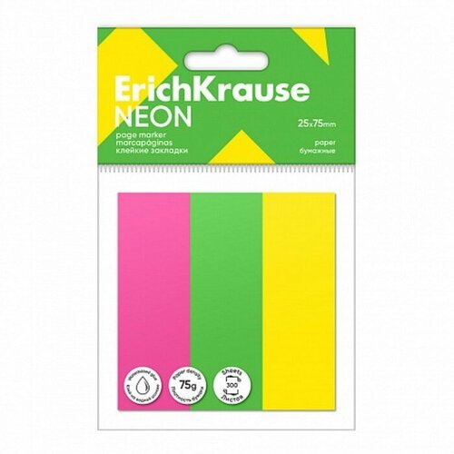 Закладки с клеевым краем бумажные 25x75 мм, ErichKrause 'Neon', 300 листов, 3 цвета