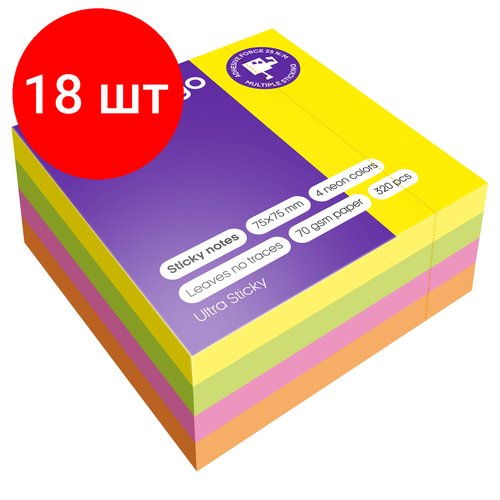 Комплект 18 шт, Самоклеящийся блок Berlingo 'Ultra Sticky', 75*75мм, 320л, 4 неоновых цвета