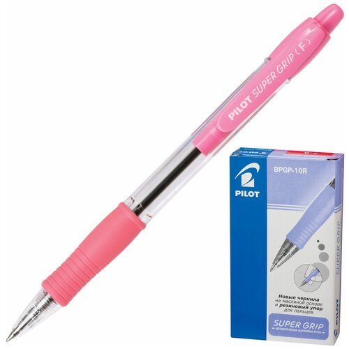 Ручка шариковая масляная автоматическая с грипом PILOT «Super Grip», синяя, розовые детали, линия письма 0,32 мм, BPGP-10R-F