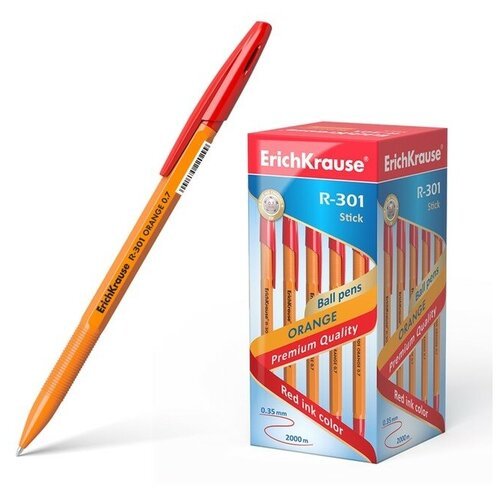 Ручка шариковая Erich Krause R-301 Orange Stick, узел 0.7 мм, чернила красные, длина линии письма 2000 метров, штрихкод на ручке (50 шт)