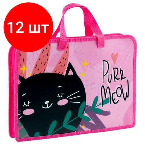 Комплект 12 шт, Папка с ручками А4 ArtSpace 'Purr Meow', пластик, на молнии, 40мм