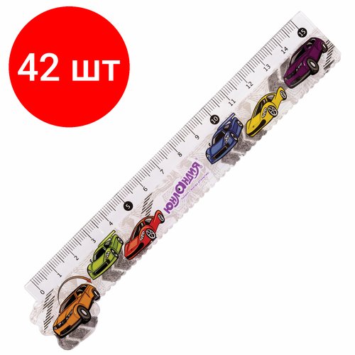 Комплект 42 шт, Линейка пластиковая 15 см юнландия 'машинки', фигурная, цветная печать, с волнистым краем, 210729