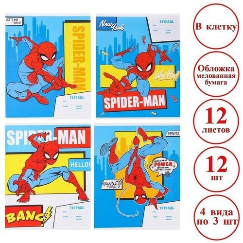 Комплект тетрадей из 12 шт 'Человек-паук', 12 листов, в клетку, обложка бумага мелованная,