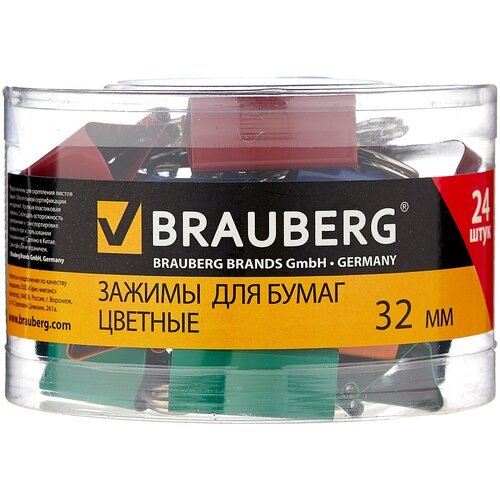 BRAUBERG Зажимы для бумаг цветные 221129 32 мм (24 шт.) ассорти