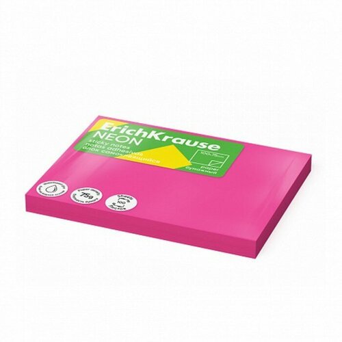 Блок с липким краем бумажный 100х75 мм, ErichKrause 'Neon', 100 листов розовый