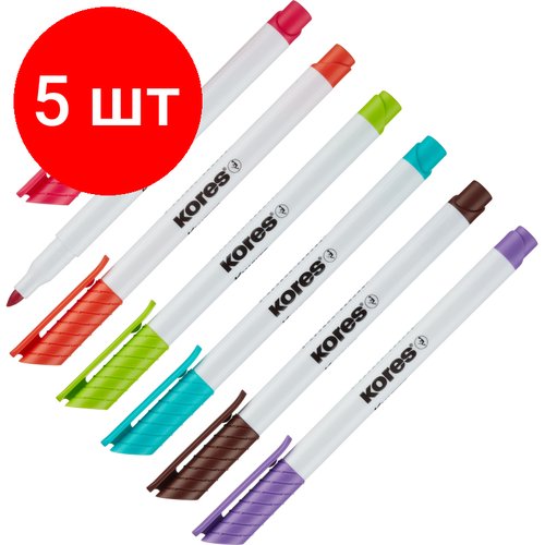Комплект 5 наб, Набор маркеров для белых досок KORES 6 цв, 2 мм 22846