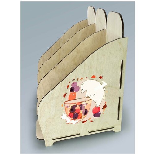 Органайзер лоток, подставка для бумаги, документов деревянная с цветным принтом 3 отделения животные милота медведь чай - 60