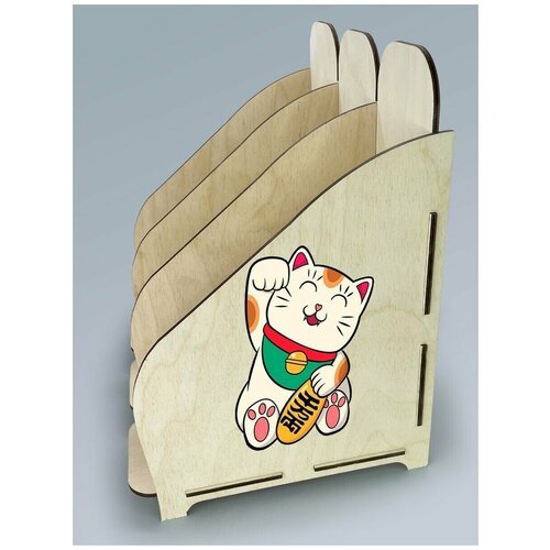 Органайзер лоток, подставка для бумаги, документов деревянная с цветным принтом 3 отделения животные котики милота - 94