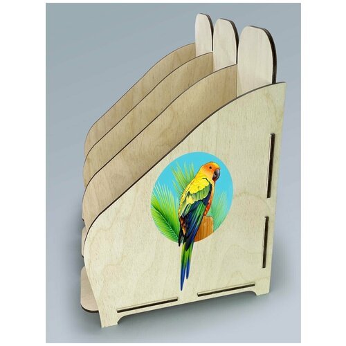 Органайзер лоток, подставка для бумаги, документов деревянная с цветным принтом 3 отделения животные милота птицы попугай - 62