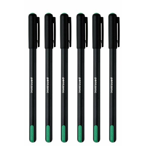 Linc Ручка шариковая Pentonic зеленый, 1 мм, черный круглый корпус, игольчатый наконечник, 6 шт
