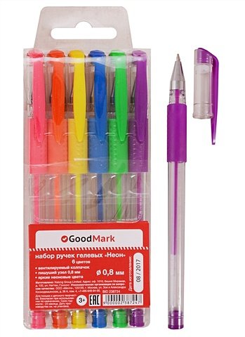 Ручки гелевые 06цв 0,8мм неон, пл/уп, GoodMark