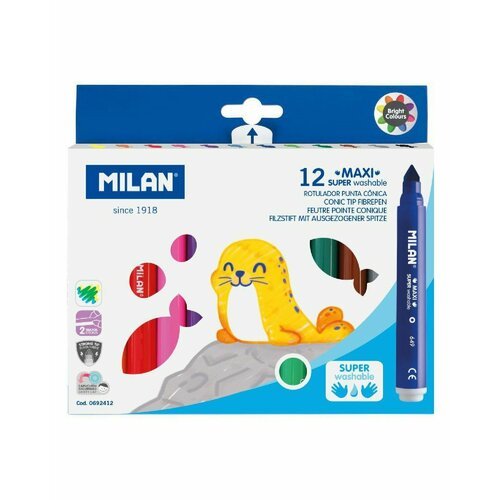 Набор фломастеров MILAN MAXI легкосмываемые на водной основе 12 цветов в картонной упаковке