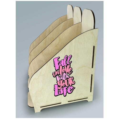 Лоток для бумаги из дерева с принтом 3 отделения надписи цитаты мотивация офис fall in love with your life - 116