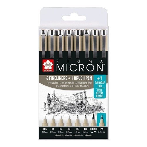 Набор капиллярных ручек Sakura Pigma Micron, 8 штук (0.2 мм, 0.25 мм, 0.3 мм, 0.35 мм, 0.45 мм, 0.5 мм, + brush+PN), цвет чернил: черный