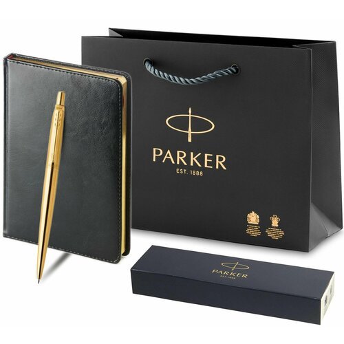 Набор подарочный, ручка Parker шариковая Jotter Gold Stainless GT в золотистом корпусе, ежедневник черный с золотом в пакете