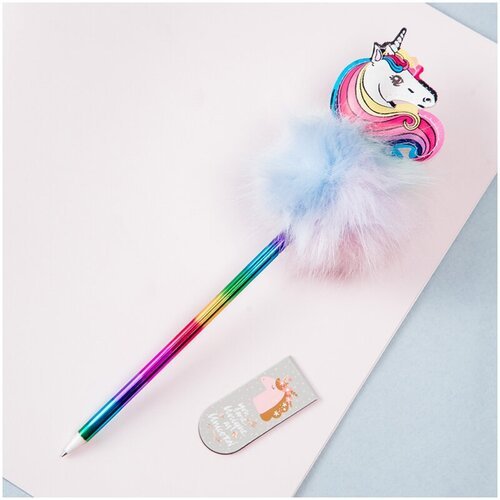 Комплект 12 шт, Ручка шариковая MESHU 'Rainbow Unicorn' синяя, 0.7мм, корпус ассорти, с топпером