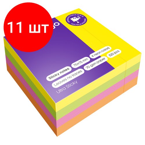 Комплект 11 шт, Самоклеящийся блок Berlingo 'Ultra Sticky', 75*75мм, 320л, 4 неоновых цвета
