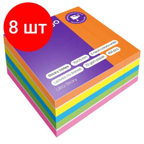 Комплект 8 шт, Самоклеящийся блок Berlingo 'Ultra Sticky', 75*75мм, 450л, 5 неоновых цветов + 1 белый