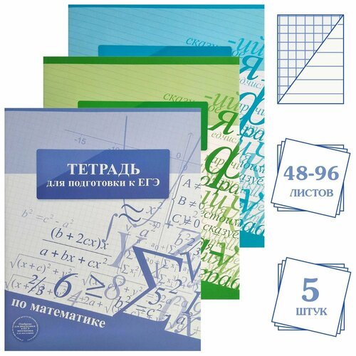 Набор тетрадей для подготовки к ЕГЭ 48-96 листов, математика и русский язык, картонная обложка, 5 штук