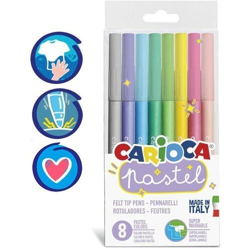 Фломастеры 8 цветов Carioca Pastel, 1,0-4,7 мм, пастельная палитра, смываемые, ПВХ, европодвес