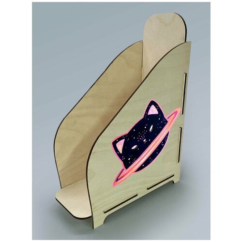 Органайзер лоток, подставка для бумаги, документов деревянная с цветным принтом 1 отделение животные милота котик космос - 15